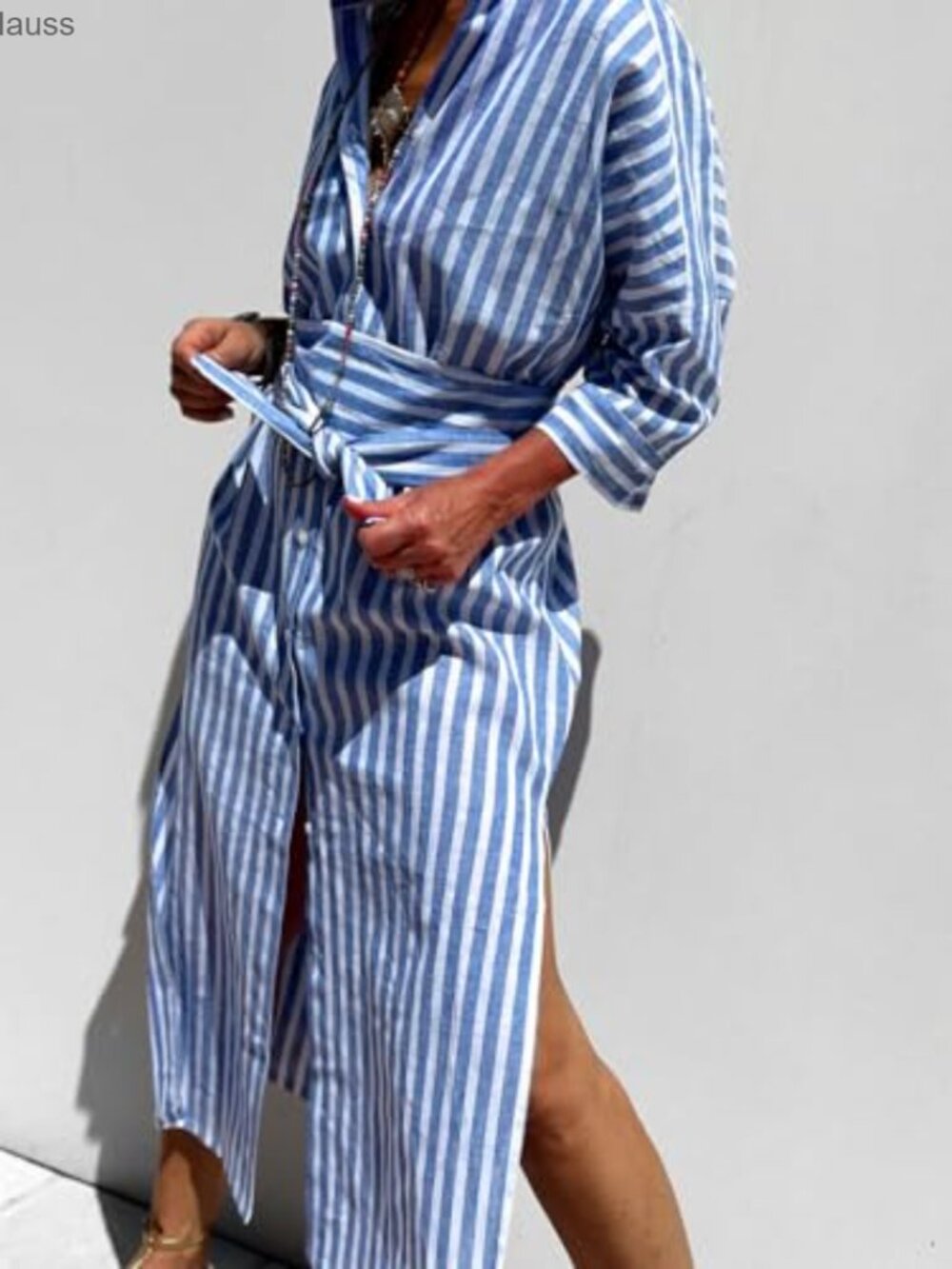 Women's Maxi Shirt Dress 3/4 Sleeve Button Down Belted Casual Vacation - Picture 3 of 6